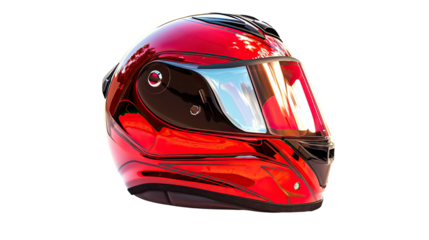 Red Motorcycle Helmet: A close-up shot of a sleek, shiny red motorcycle helmet, showcasing its design, contours, and visor.