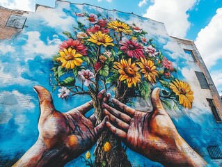 Vibrant mural of hands and flowers cascading.