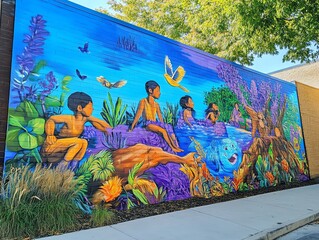 Vibrant mural showcasing children and nature.
