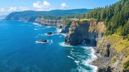 Obraz premium Coastal cliffs featuring the ocean waters and lush green forests