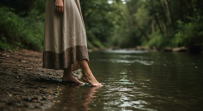 Woman dipping feet in river stream feeling nature's connection barefoot