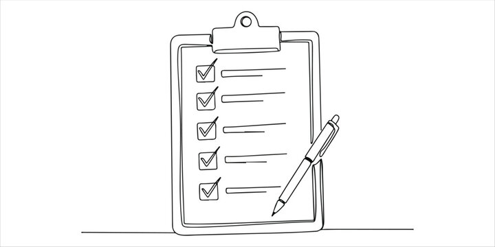 Clipboard with checklist and pen To do list with ticks and concept for test expertise and exam single line art drawing sketch on white background