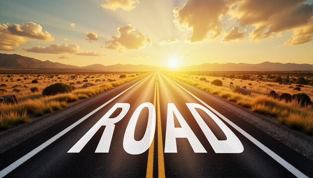 Desert road with "ROAD" lettering under sunset for blogs, websites, travel design, motivational themes, posters, and content related to journeys and exploration
