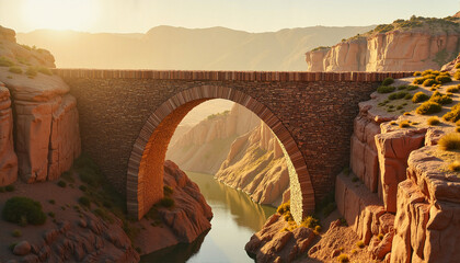 Stone arch bridge at sunset over a river in a canyon for blogs, websites, travel guides, architectural designs, landscape photography, and nature-themed presentations