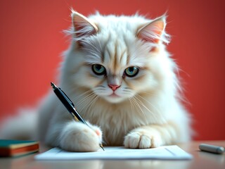 Cat Signing Document with a Pen on Desk in Studio Setting