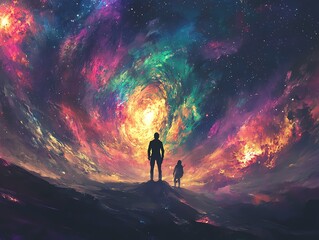 Exploring cosmic wonders under a vibrant sky.