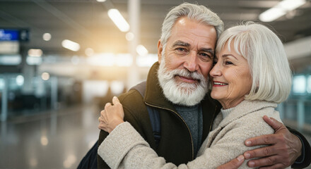 Elderly couple embracing joyfully at an airport terminal for blogs, websites, travel articles, romance-themed designs, greeting cards, and sentimental moments in presentations