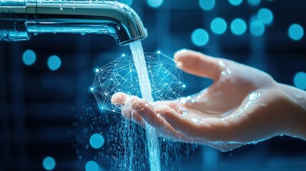 A hand catches flowing water from a faucet, featuring a digital network overlay, symbolizing technology and innovation in water usage.