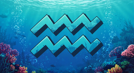 Aquarius zodiac symbol in an underwater scene with vibrant corals for blogs, websites, astrology-themed designs, educational materials, and social media illustrations