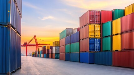 Fototapeta premium A vibrant sunset over a shipping yard filled with colorful stacked containers, showcasing the logistics and transport industry.