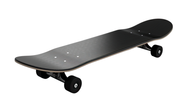 Black Skateboard on Display: A sleek, black skateboard resting smoothly. Capturing the modern design and smooth textures, it evokes a sense of dynamic action and urban lifestyle.