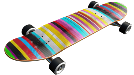 Skateboard with Colorful Stripe: An expertly shot image showcases a vibrant skateboard with colorful striped pattern, resting in isolation.