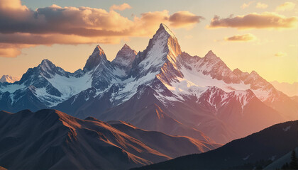 Majestic snow-capped mountains at sunset for blogs, websites, travel-related projects, nature-themed illustrations, adventure guides, outdoor activities, and scenic presentations