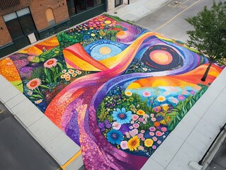Vibrant street mural showcasing colorful flowers.