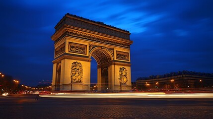 Fototapeta premium Iconic Parisian landmark at twilight. A grand archway, illuminated against a vibrant blue-toned twilight sky, overlooks a bustling city street