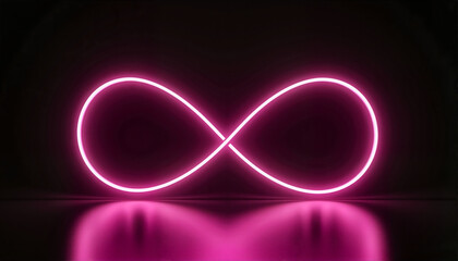 Pink neon infinity symbol on a reflective surface for websites, blogs, social media graphics, art projects, digital designs, and creative presentations
