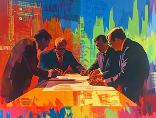 Dynamic business meeting with colorful background.