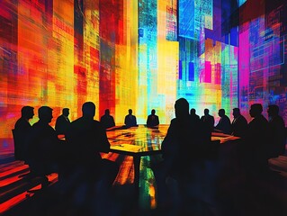 Colorful business meeting with silhouettes.