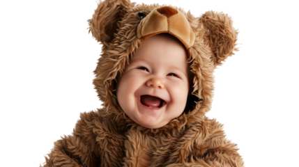 Joyful Baby Bear: Capturing a heartwarming moment of a baby dressed in a bear costume, radiating pure happiness with a genuine smile.