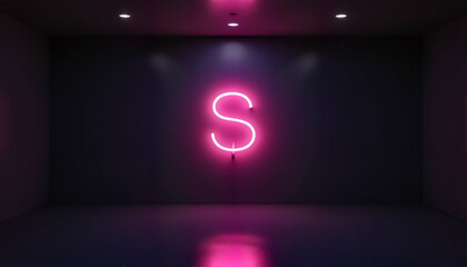 Neon letter sign S glowing on dark wall for blogs, websites, signage design, digital art, branding projects, marketing materials, and social media graphics