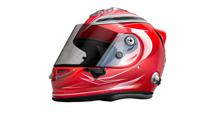 Red Racing Helmet: A close-up view showcases a glossy, vibrant red racing helmet, reflecting the precision and speed of motorsport, with its visor down.