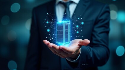 Database and network technology. Businessperson, network structure and database icon.