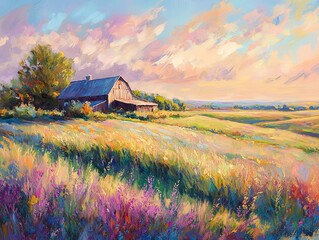 Vibrant sunset over a peaceful meadow landscape.