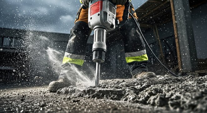 A worker in a hard hat and overalls breaks concrete with a jackhammer in pouring rain