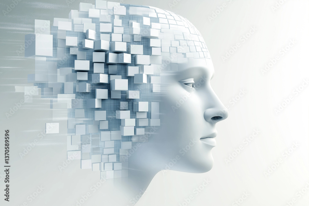 Poster Artificial intelligence processing data as 3d cubes forming a human head
