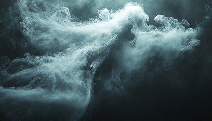 Abstract swirling teal smoke on black background.