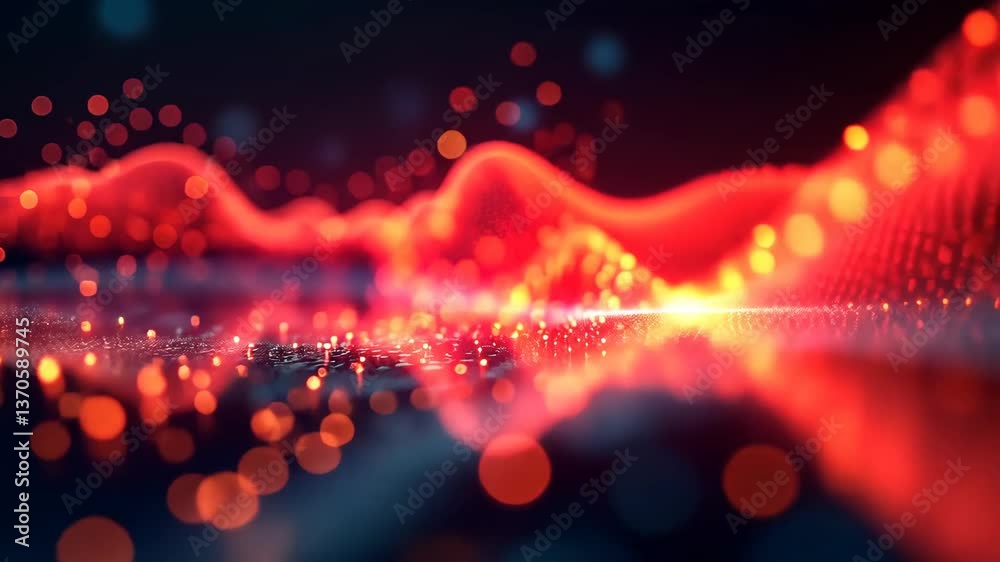 Poster glowing red particles flowing seamlessly in a dark digital landscape