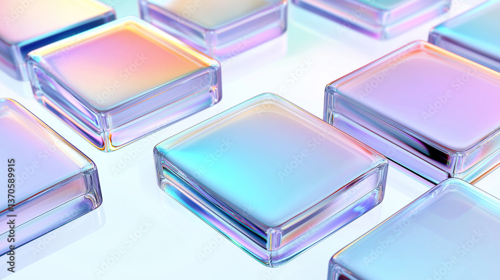 Fototapete Iridescent glass cubes creating a colorful pattern on reflective surface