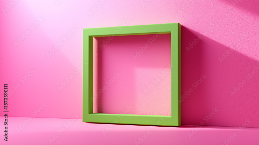 Poster green frame leaning on pink wall creating modern and minimalist composition