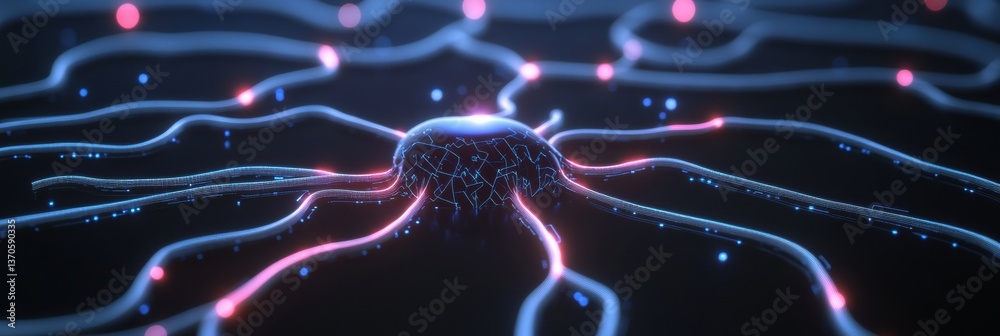 Poster Futuristic digital backdrop showcasing glowing neural connections and deep blue circuit patterns in a modern technology landscape
