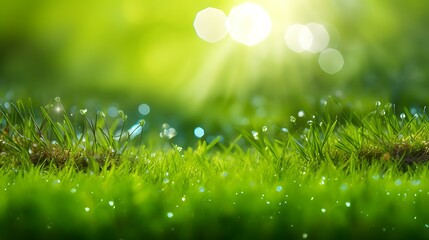 Obraz premium Dewdrops on Lush Green Grass in Bright Sunlight