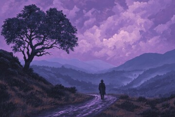 Obraz premium Lone Traveler with Purple Mountain Path, and Serene Dusk.