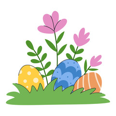 Easter patterned eggs hidden among grass and flowers. Easter composition for egg hunt. Isolated on white background.