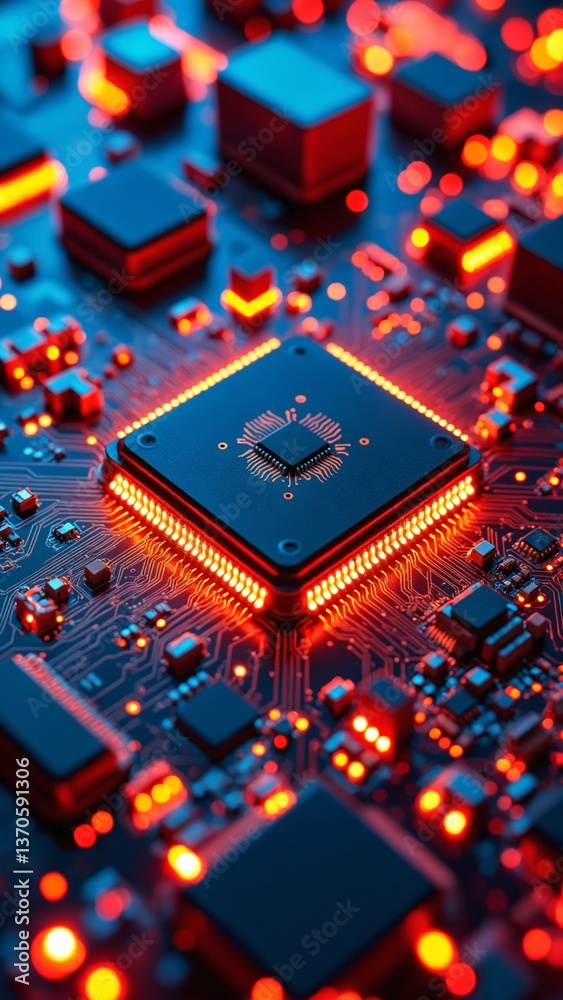 Poster Close-Up View of a Modern Microchip and Circuit Board with Glowing Connections and Intricate Details for Technology Backgrounds