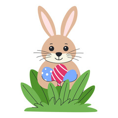 Easter bunny holding eggs in its paws and hiding in the grass. Cute Easter character.
