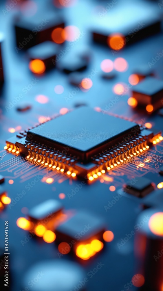 Poster Close-Up View of a Modern Microchip and Circuit Board with Glowing Connections and Intricate Details for Technology Backgrounds