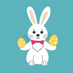 Cute Easter bunny with painted eggs in his paws and a bow. Children's character for Easter cards and banners.