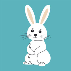 White rabbit sitting on its hind legs. Cartoon Easter bunny for cards, banners and children's illustrations.