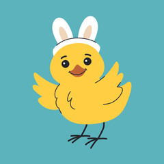 Cute Easter chick with bunny ears and spread wings. Funny character for Easter design.