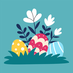 Easter eggs with ornaments hidden among grass and flowers. Illustration for egg hunt.