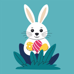 White Easter bunny with eggs sitting in the grass. Children's illustration for Easter cards and banners.