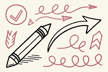 Illustration of simple line drawings of arrows and pens.