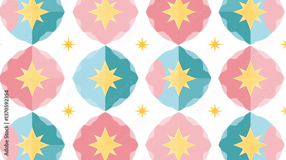 Poster seamless pattern featuring pink and turquoise ornate shapes with gold eight-pointed stars