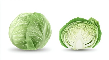 Fototapeta premium A whole and cut cabbage on a white background showing healthy eating.