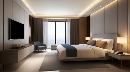 Modern hotel room interior design with sea view featuring comfortable bed and tv