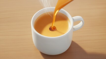Woman in blue holding red white coffee cup with laptop on wooden table